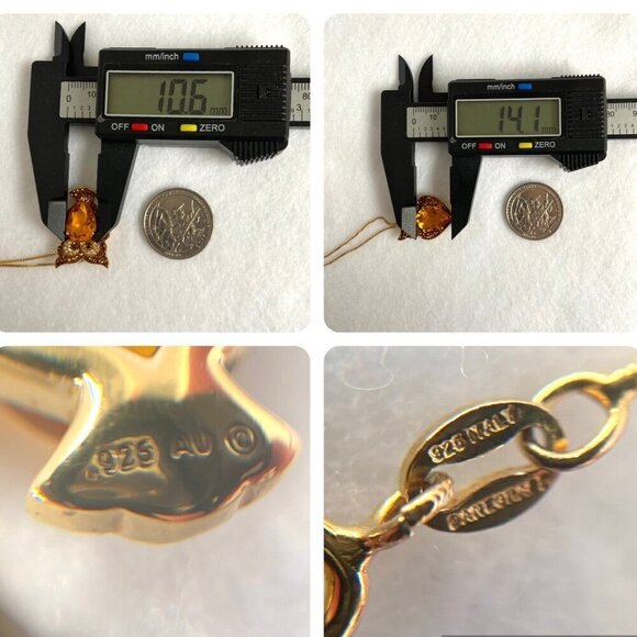 Gold Vermeil Sterling Silver 925 Brown Orange Rhinestone Owl Pendant Necklace - Picture 9 of 16